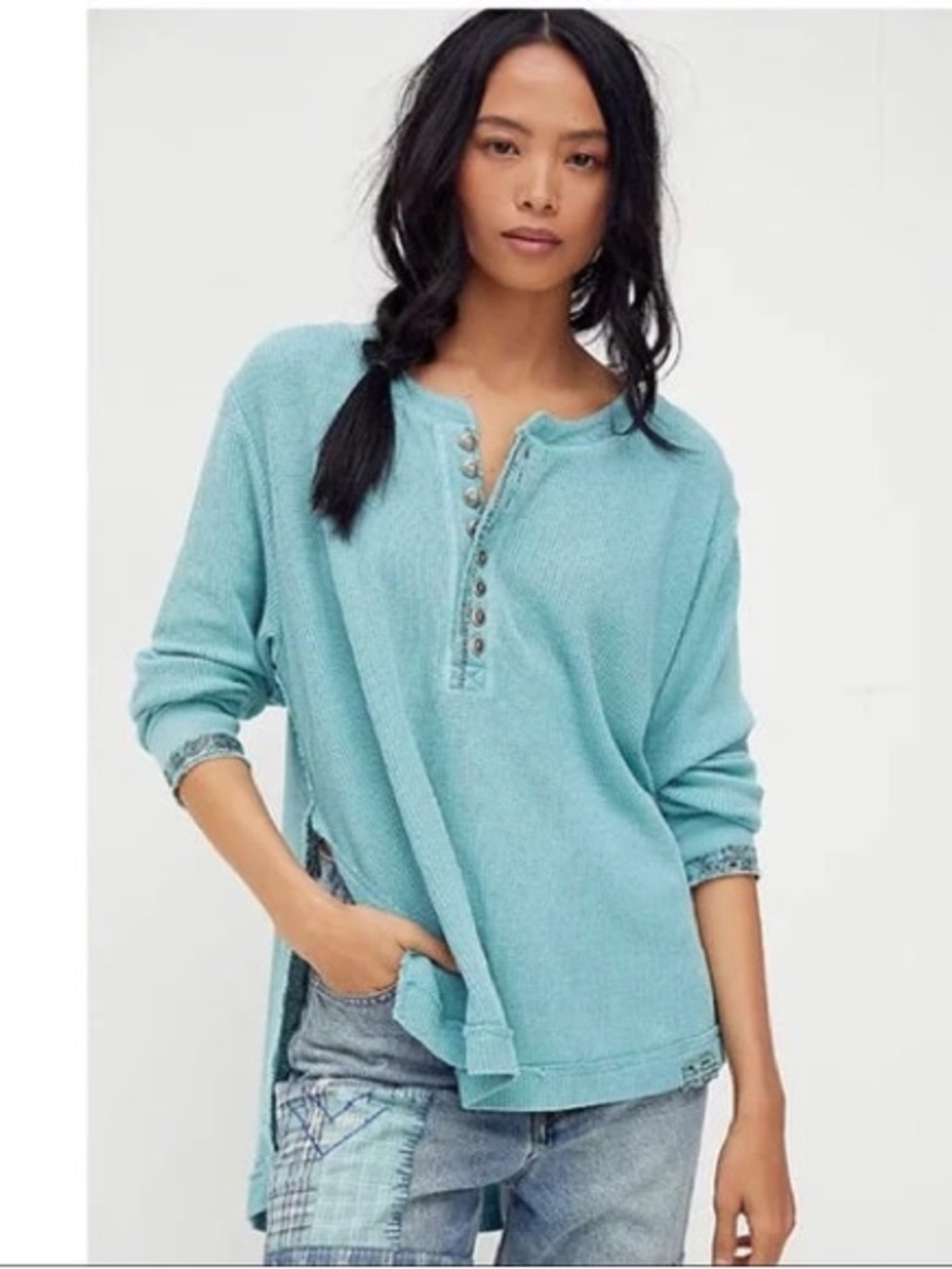 We The Free Aqua Henley Pullover Sweatshirt